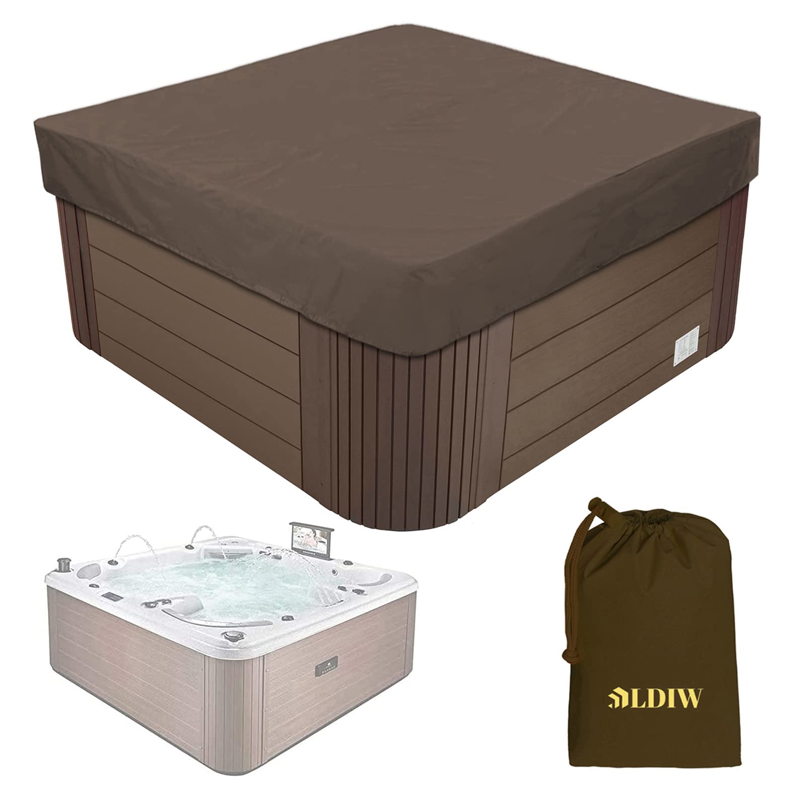 LDIW Square Tubs All Weather Winter Covers Heavy Duty 210D Polyester Oxford Waterproof Anti-UV SPA Cover For Hot Tub Outdoor Furniture,Brown,244 * 244 * 30CM