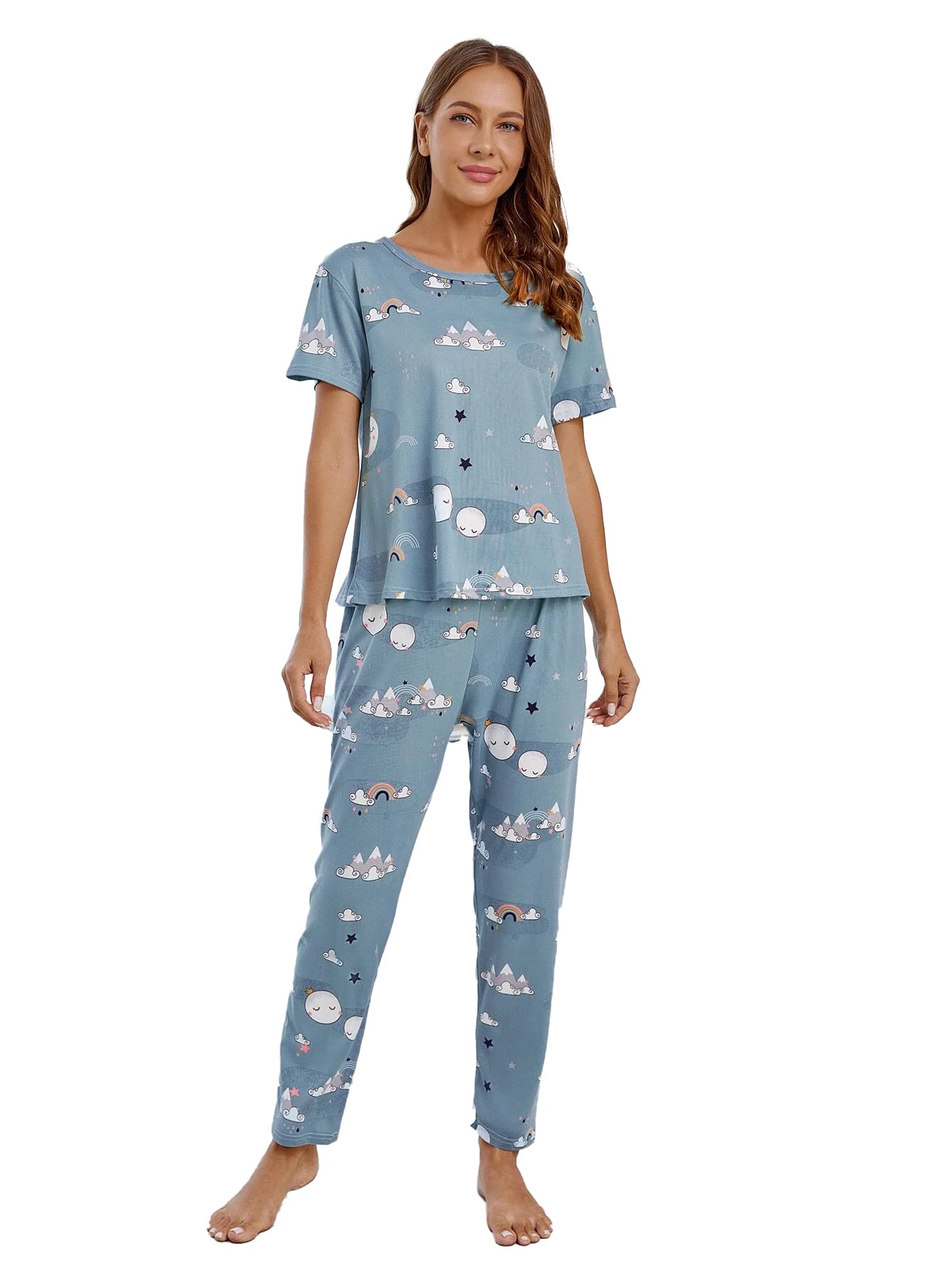 Printed Round Neck Short Sleeve Night Suit Set for Women – Soft Pajama Set | Comfortable Cotton Blend Night Dress & Sleepwear | Cozy Pyjama Set | Cord Set |Warm Pjs for Girls