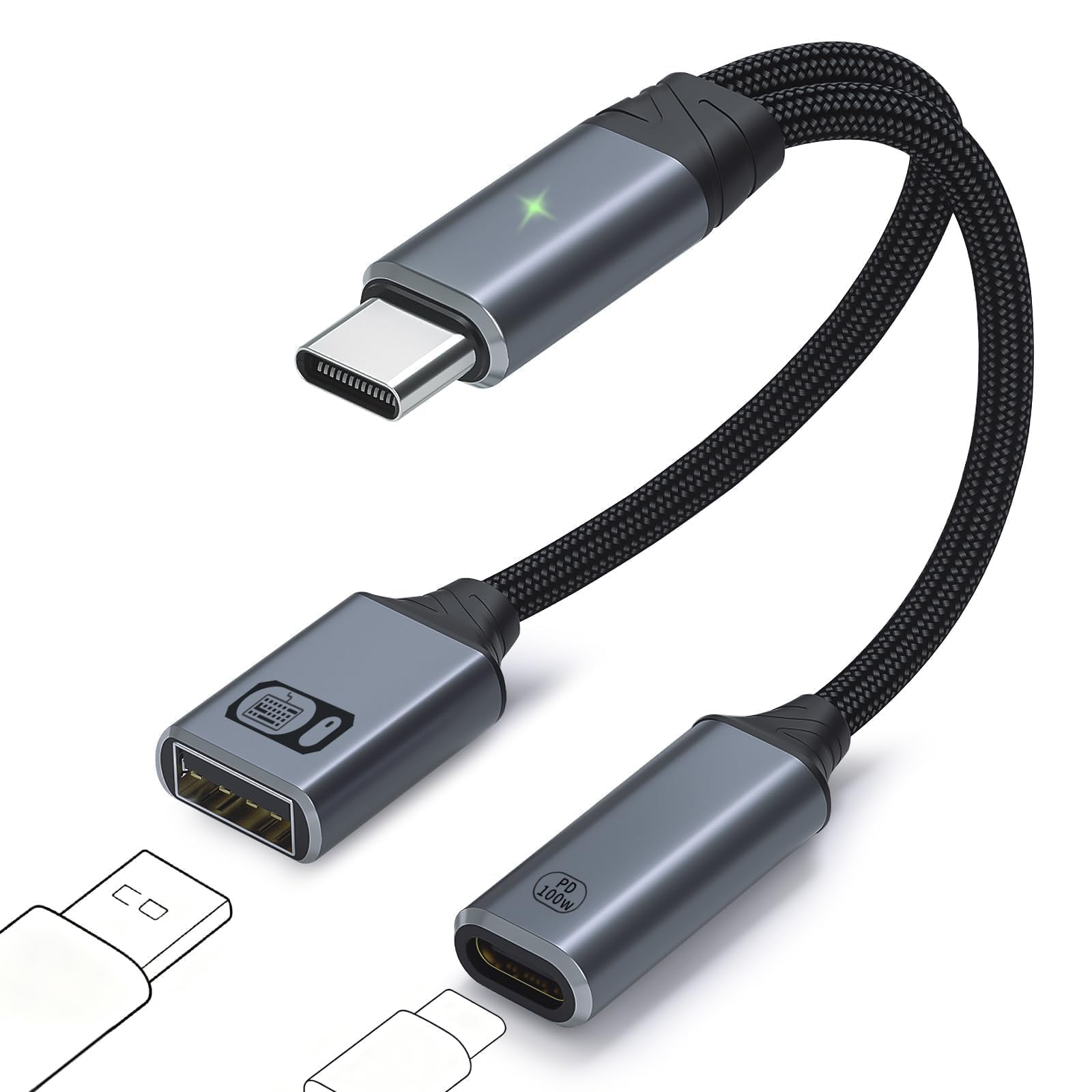 Adattatore USB-C OTG 2 in 1 con Ricarica Rapida PD 100W USB-A 2.0 per Laptop Tablet Telefono Grigio
