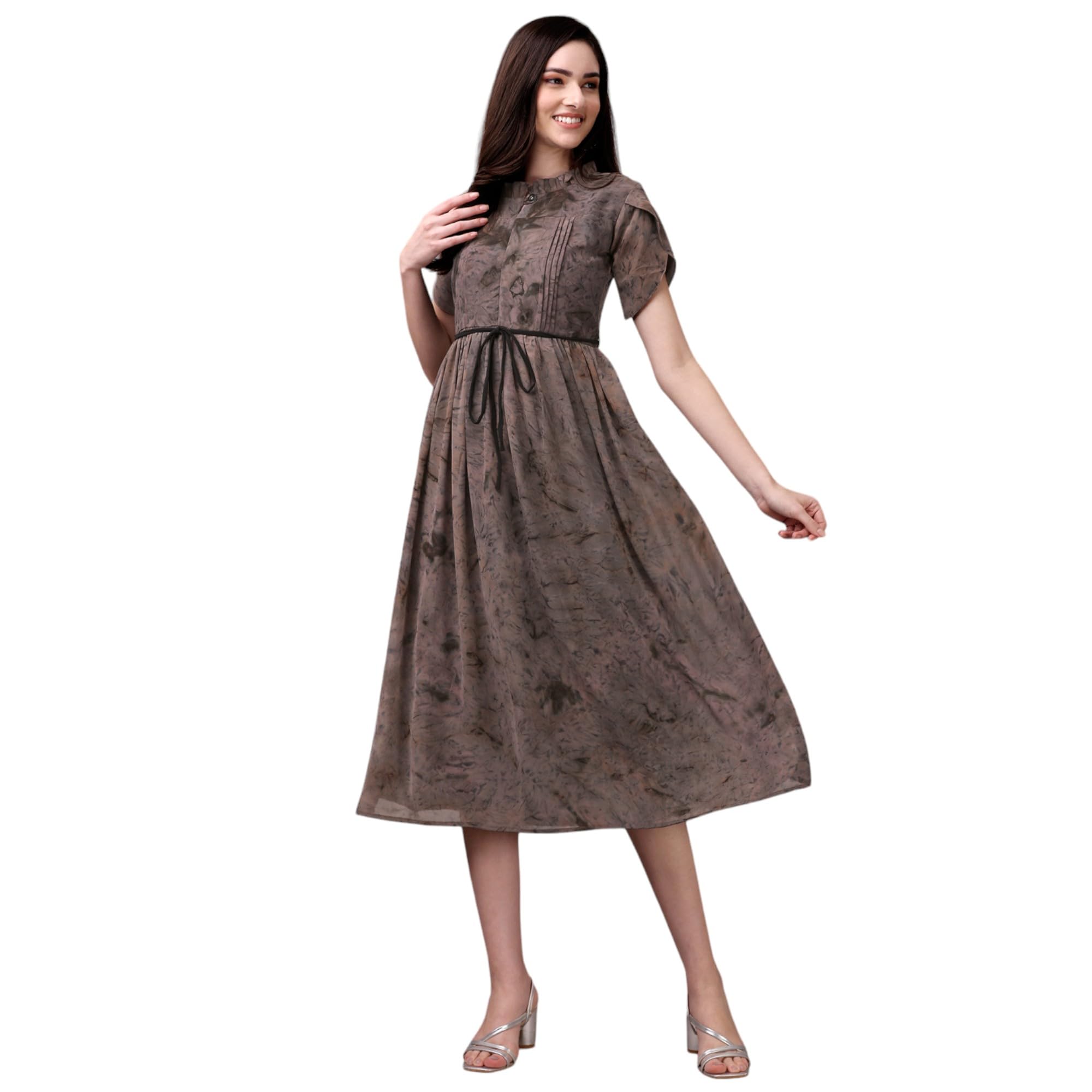 Gufrina Women's Georgette Midi Dress With Short Sleeves Abstract Printed High Round Neck Knee Length Regular Fit And A Line Style Grey
