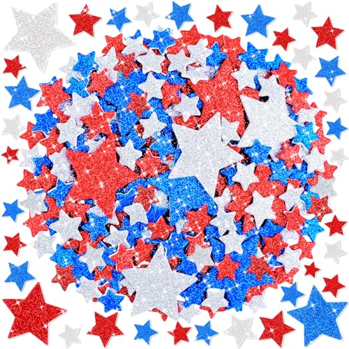 1400Pcs Foam Stickers Glitter Foam Stars Stickers Blue Red Silver Self Adhesive Shape Sticker 3Sizes Star Sticker for Scrapbooking Crafts Arts Supplies Reward Home Christmas Party (8 Blue Red Silver)