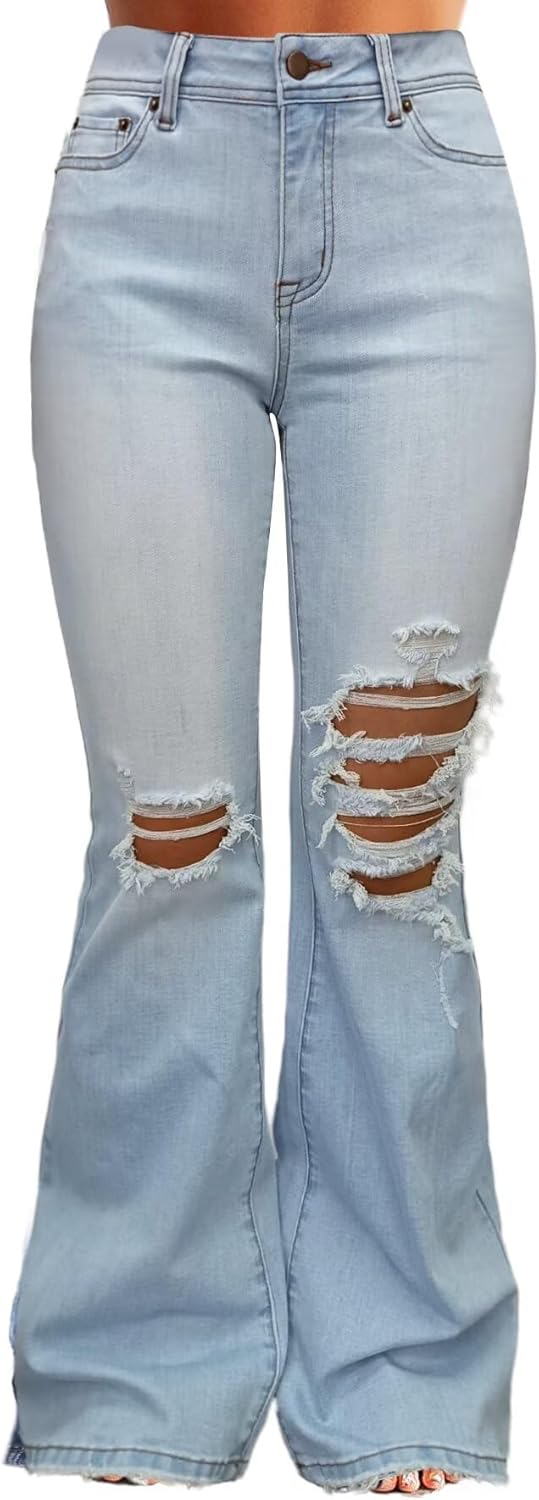 Flamingals Women's Ripped Bell Bottom Jeans Bootcut Mid Rise Stretchy Cut Out Denim Flare Jeans