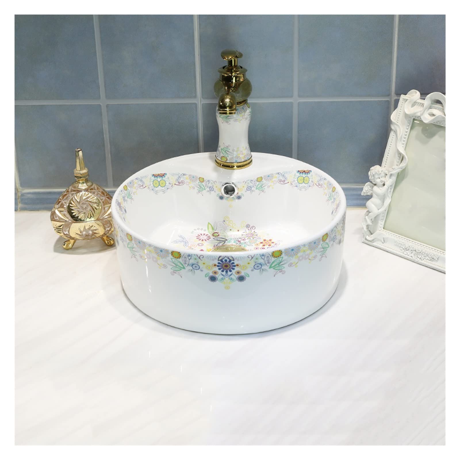 WDSOPK Vessel Sink,Round Bathroom Artistic Ceramic Bowl with Faucet Pop-Up Drain