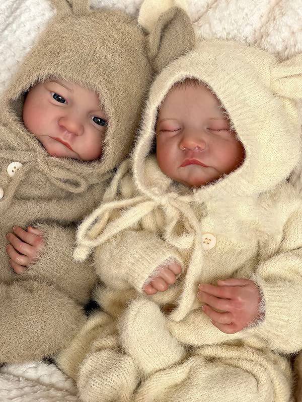 Anano Zwillinge Baby Puppen, Reborn Babypuppe 19zoll Awake Blaue Augen Babypuppen Schlafende Realistische Baby Puppe Lebensechte Säuglingspuppe Vinyl Gliedmaßen Weicher Körper Puppen – Bild 7