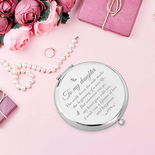 Miniatura 3 de LRUIOMVE Regalo para hija de mamá papá inspirador espejo de maquillaje de viaje grabado plateado espejo cosmético de bolsillo compacto para hija