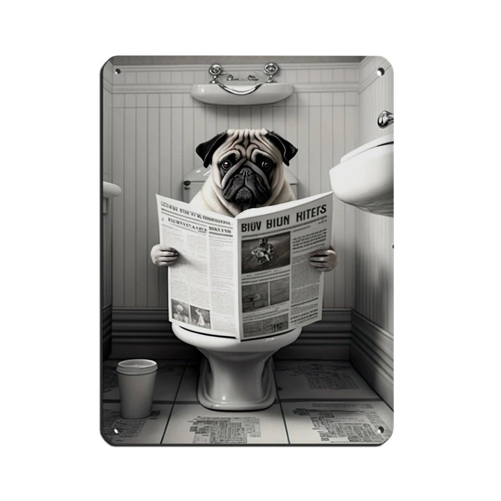 Pug Sitting on The Toilet Reading A Newspaper Tin Sign Vintage Metal Pub Club Cafe Bar Home Wall Art Decoration Poster Retro 12x16inch(30x40cm)
