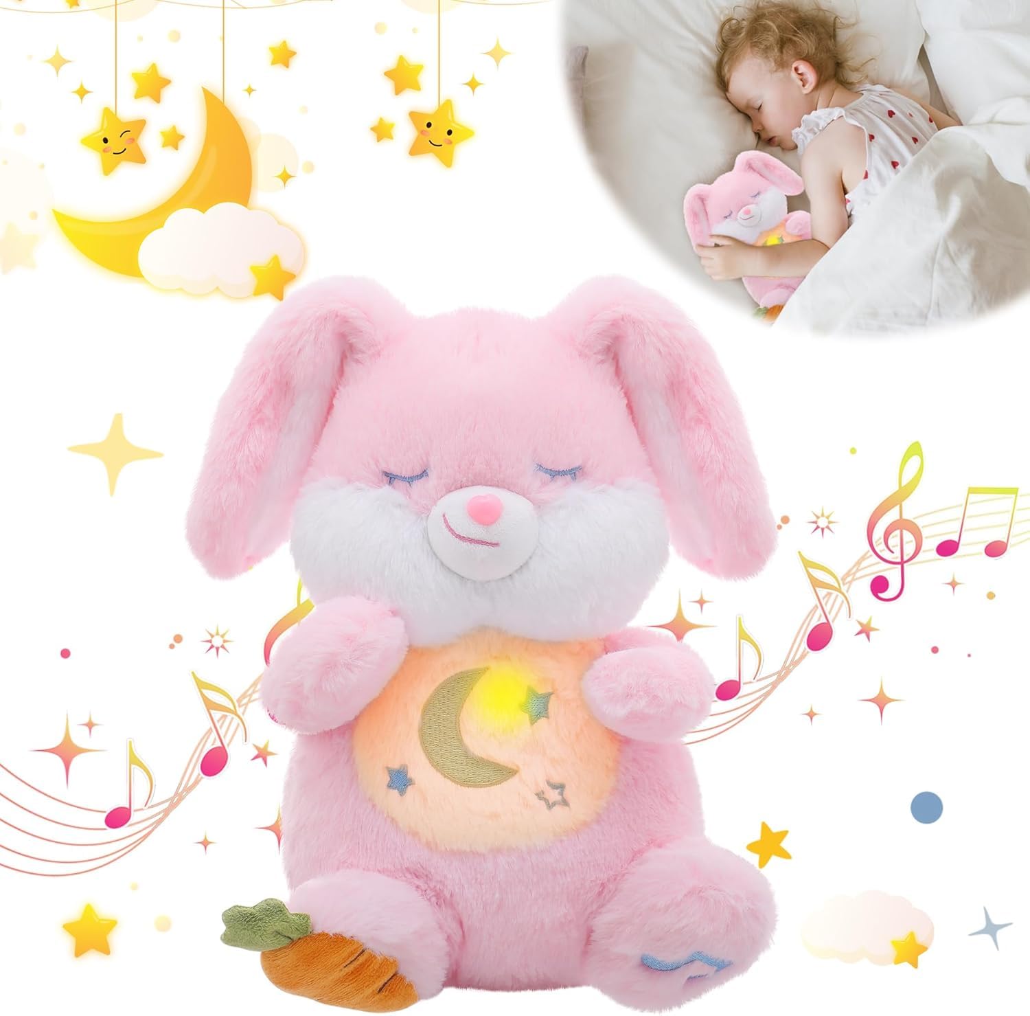 seOSTO Soothing Bunny Breathing Bunny Teddy Plush with Light and Natural Musical Breathing for Baby Toys New Baby Gifts Anxiety Teddy for Adults