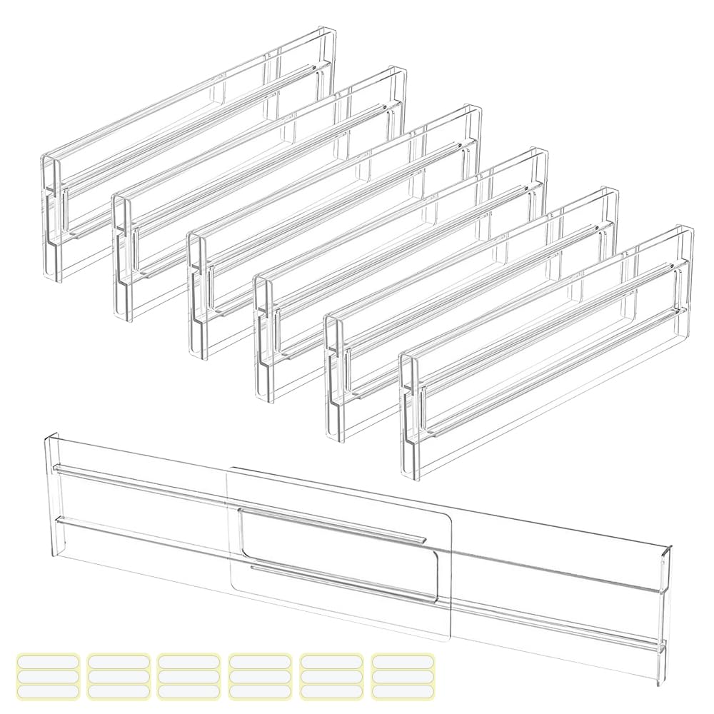 QINERSAW Separadores de cajones ajustables 6 piezas 27,5-52 cm Plástico transparente Organizador para baño oficina