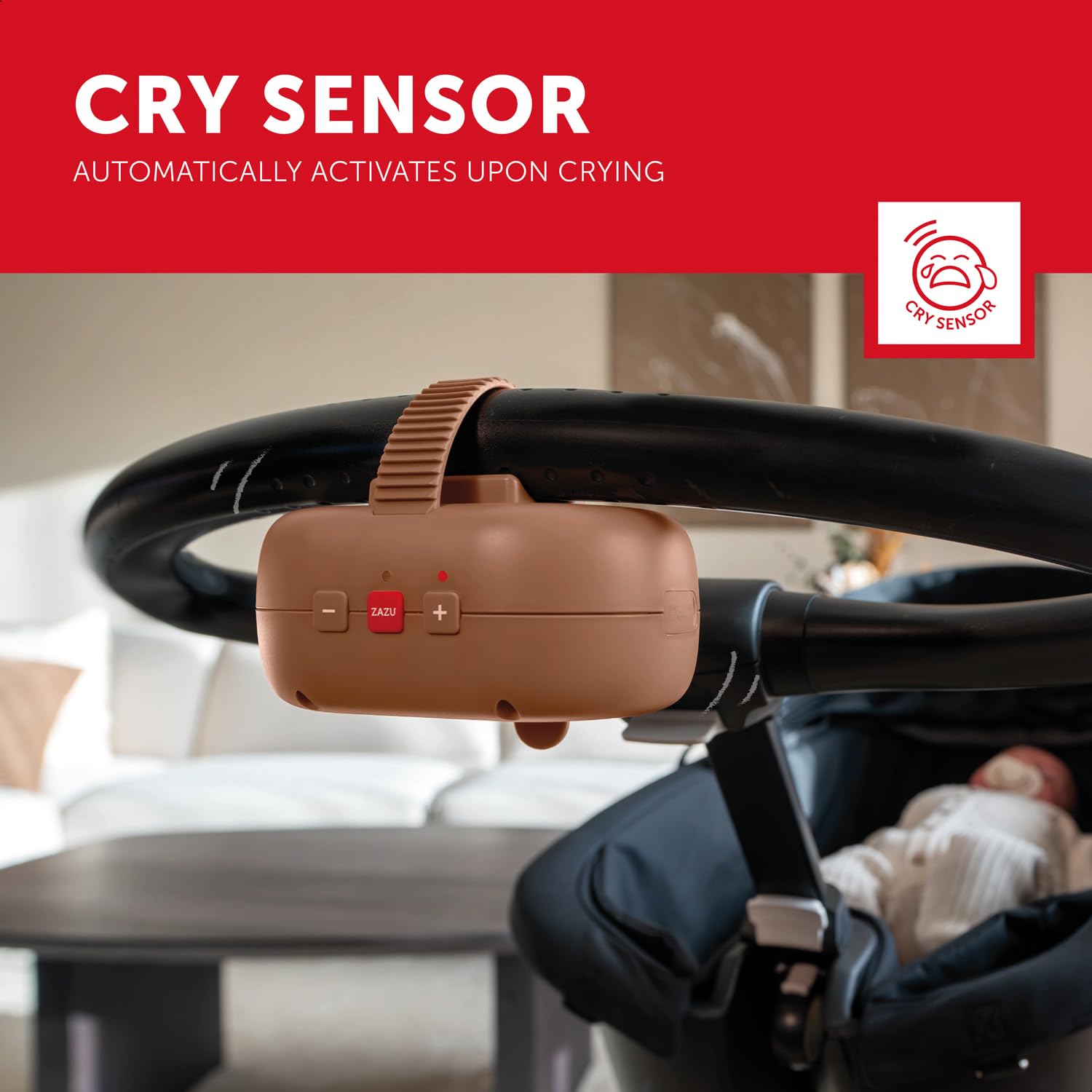 ZAZU Robby Balancín Automático para bebé: ajustable, temporizador de 40 min, sensor de llanto, batería recargable USB, resistente al agua, diseño universal para cochecitos y buggies (Marrón)