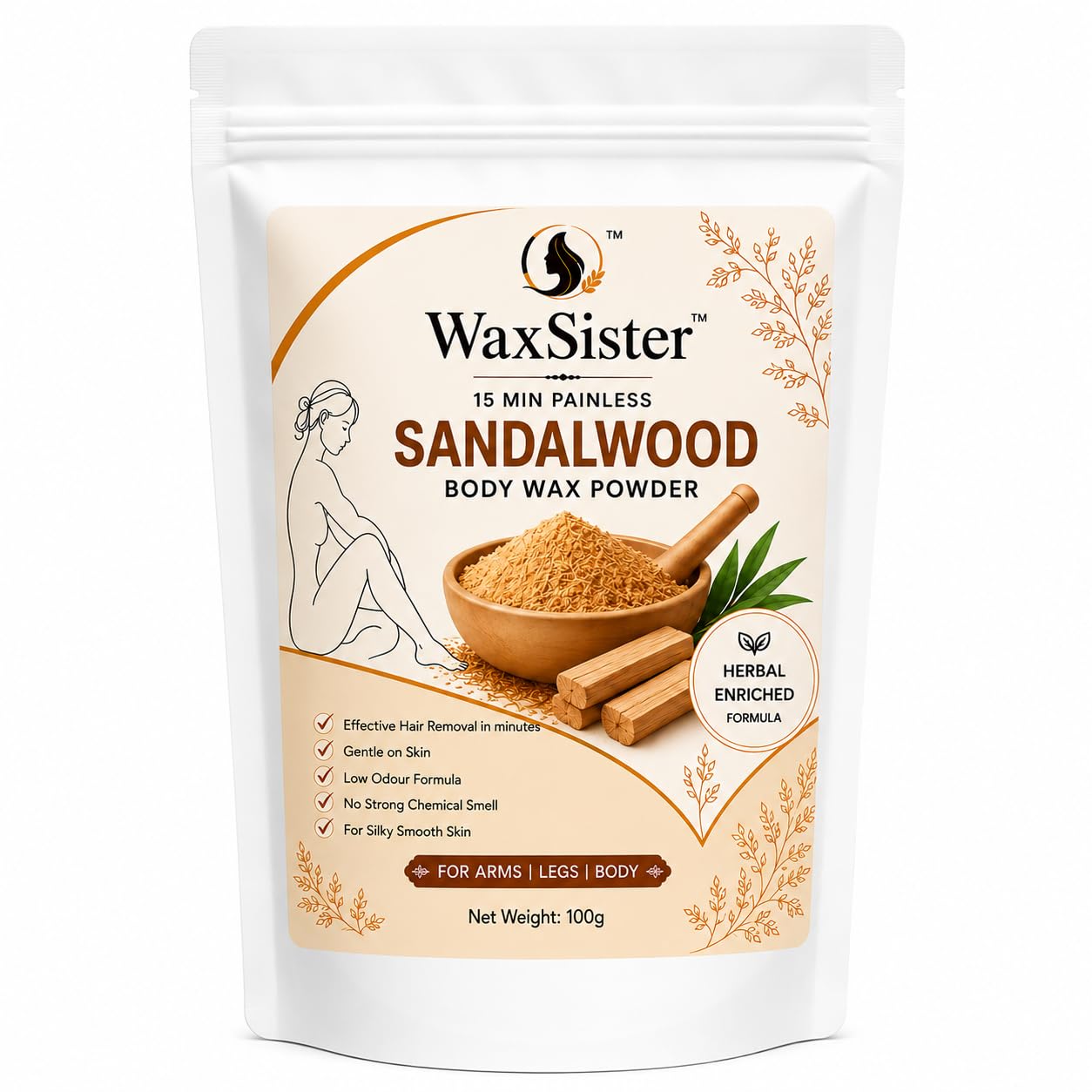 Sandalwood Body Wax Powder 100g | Herbal Hair Removal Wax Powder for Women | Enriched with Sandalwood, Aloe Vera, Multani Mitti & Neem | Low Odour Formula | For Arms, Legs & Body-image-1