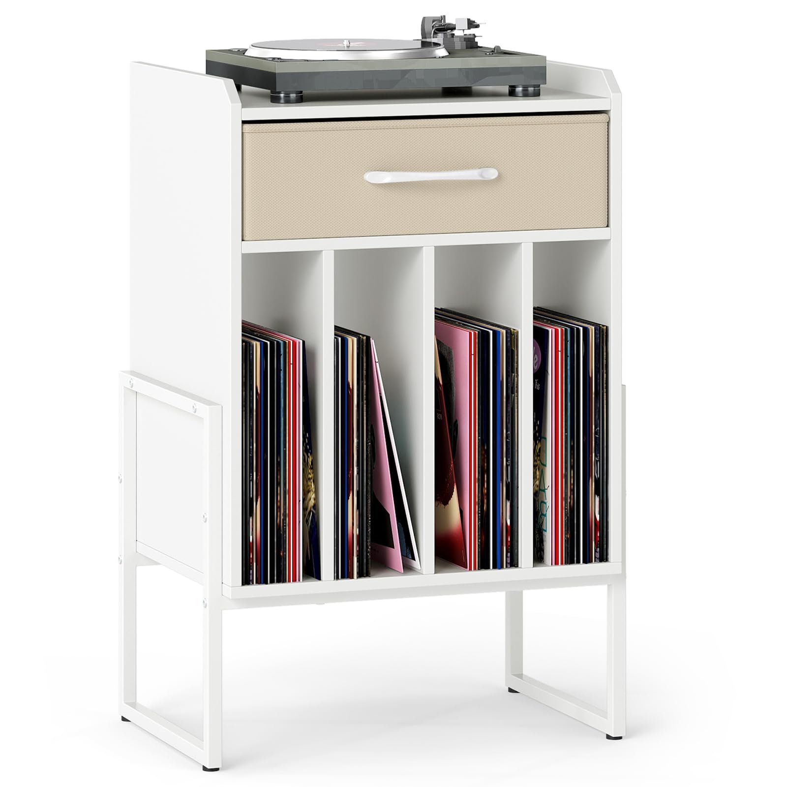 GIANTEX Record Player Stand with Fabric Drawer, White
