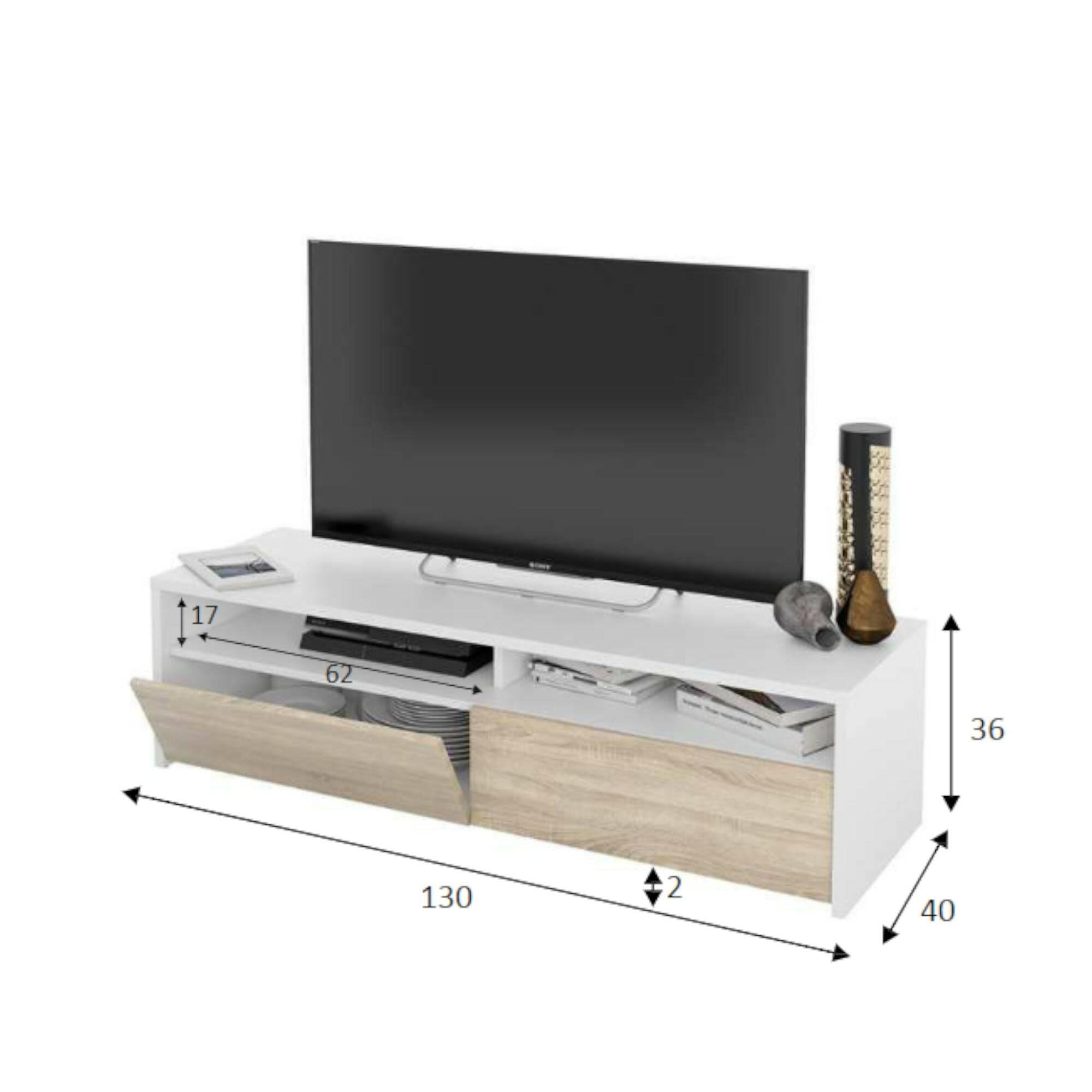 Dmora Mobile Basso TV 2 Ante-Legno Bianco e Rovere, 130 x 36 x 42 cm