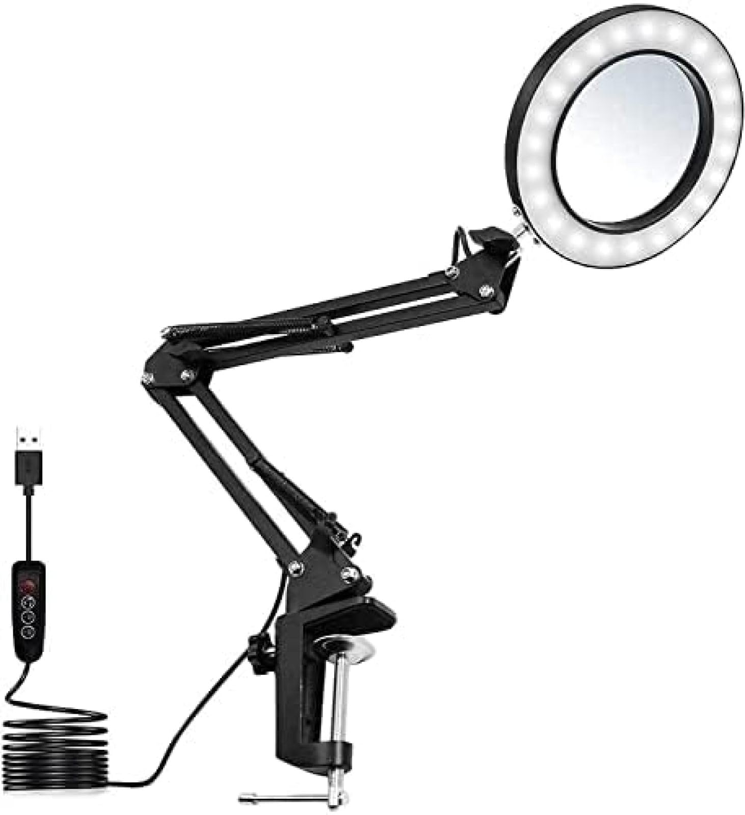 Lámparas De Escritorio con Lupa 5X, Abrazadera De Lámpara De Lupa LED con Brazo Giratorio Ajustable, Luz De 3 Colores, Atenuación De 10 Niveles De Iluminación para Manualidades De Mesa,Constructiv