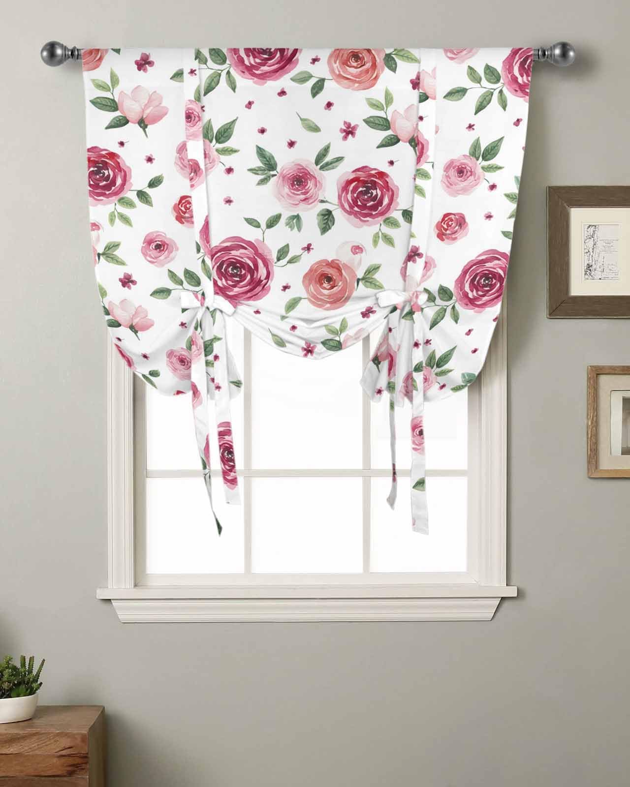 Pink Flowers Tie Up Curtains for Windows 45 Inch Length Balloon Curtains Kitchen Adjustable Balloon Window Shade Simple Romantic Botanical Floral Leaves Tie Up Valance Bathroom Curtain Window 52