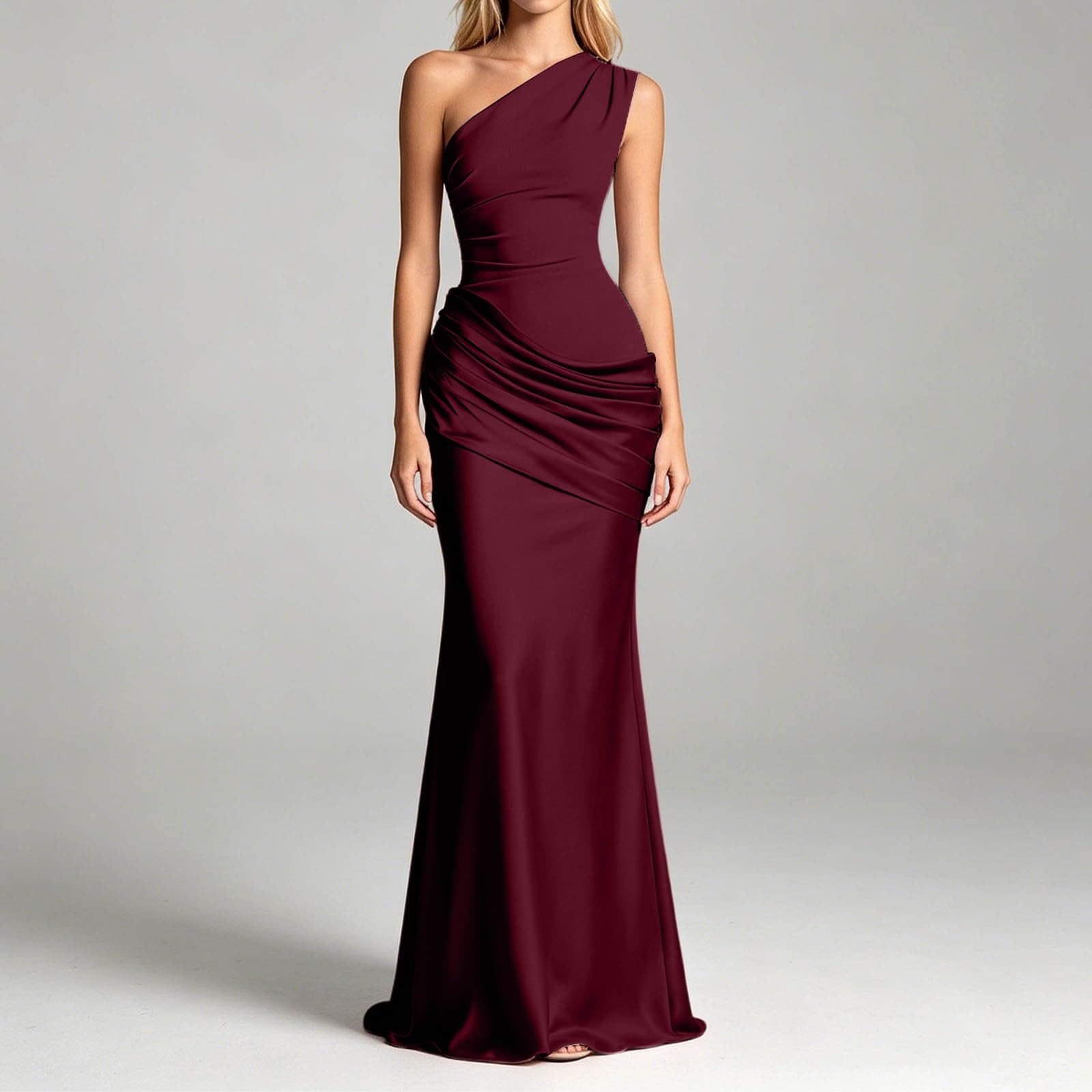 Générique Robe de Bal Femme Sexy sans Manches Une Épaule Robes Longue Moulante Elégant Bodycon Maxi Robe de Soirée D'éte Décontracté Plissée Couleur Unie Wrap Robes pour Clubbing Cocktail Prom Fête