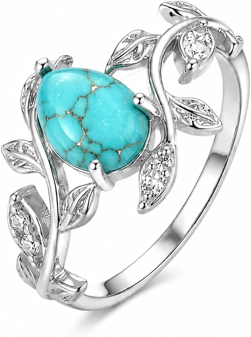 Genuine Turquoise Ring 925 Sterling Silver Celtic Knot/Feather Ring Western Boho Jewelry Native American Gifts for Women7# 8# 9#
