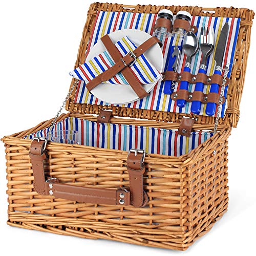 Cesta de picnic de mimbre para 2, juegos de cestas de mimbre, cesta de picnic hecha a mano para 2 personas con utensilios, cubiertos, perfecta para picnic, acampada con rayas de color