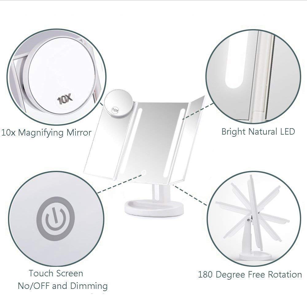 ASSIS Led Lighted Makeup Mirror with 10X Magnifying, Natural LED, Touch Screen and Auto Off Dual Power Supply, 180° Adjustable, Portable Compact Travel Trifold Vanity Mirror(White)