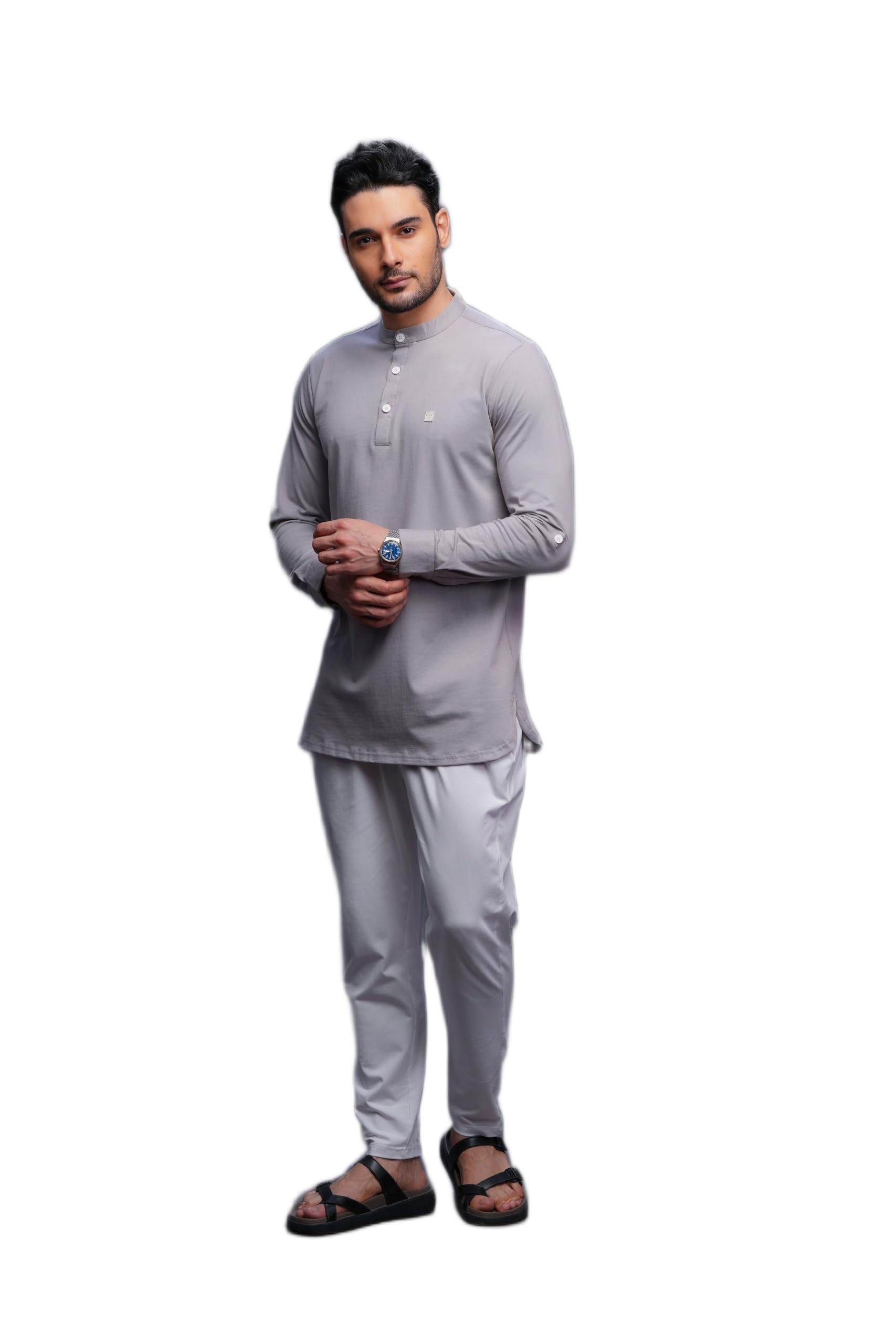 Men Kurta Pajama Set Light Grey S Cotton Elastic Knitted with Elastic Pant Casual Wear-image-17