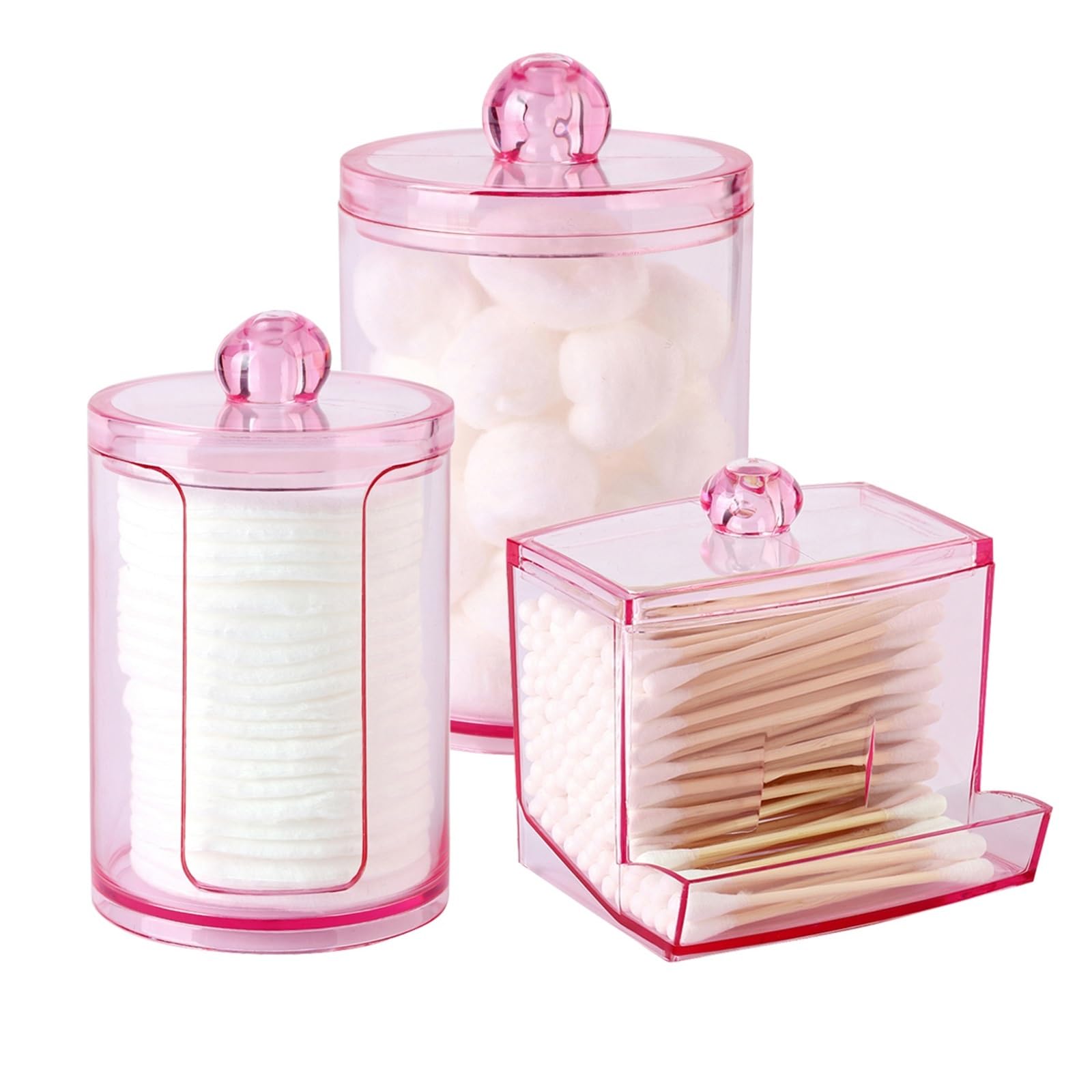 QuxetlRyz Qtip Holder Dispenser with Lid - 10-Ounce Bathroom Storage Box for Cotton Balls Swab Bath Salts Vanity Canisters Cotton Buds Holder(3pcs)
