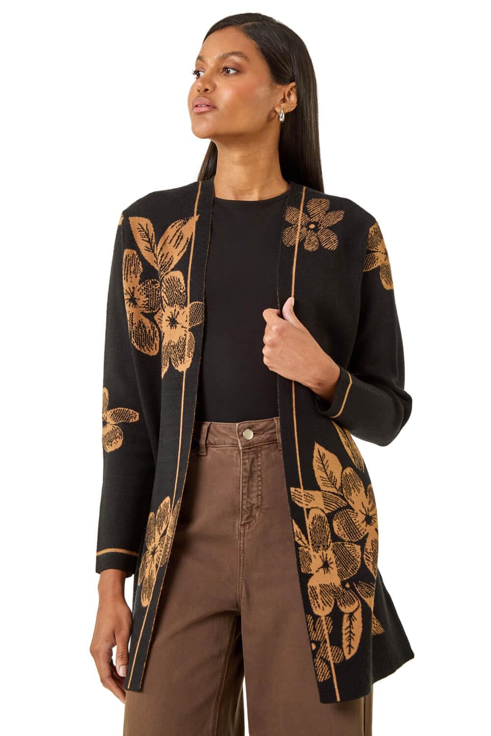 Roman Originals Contrast Floral Print Cardigan for Women UK - Ladies Everyday Autumn Winter Comfy Soft Evening Vacation Work Party Night Out - Black - Size 20