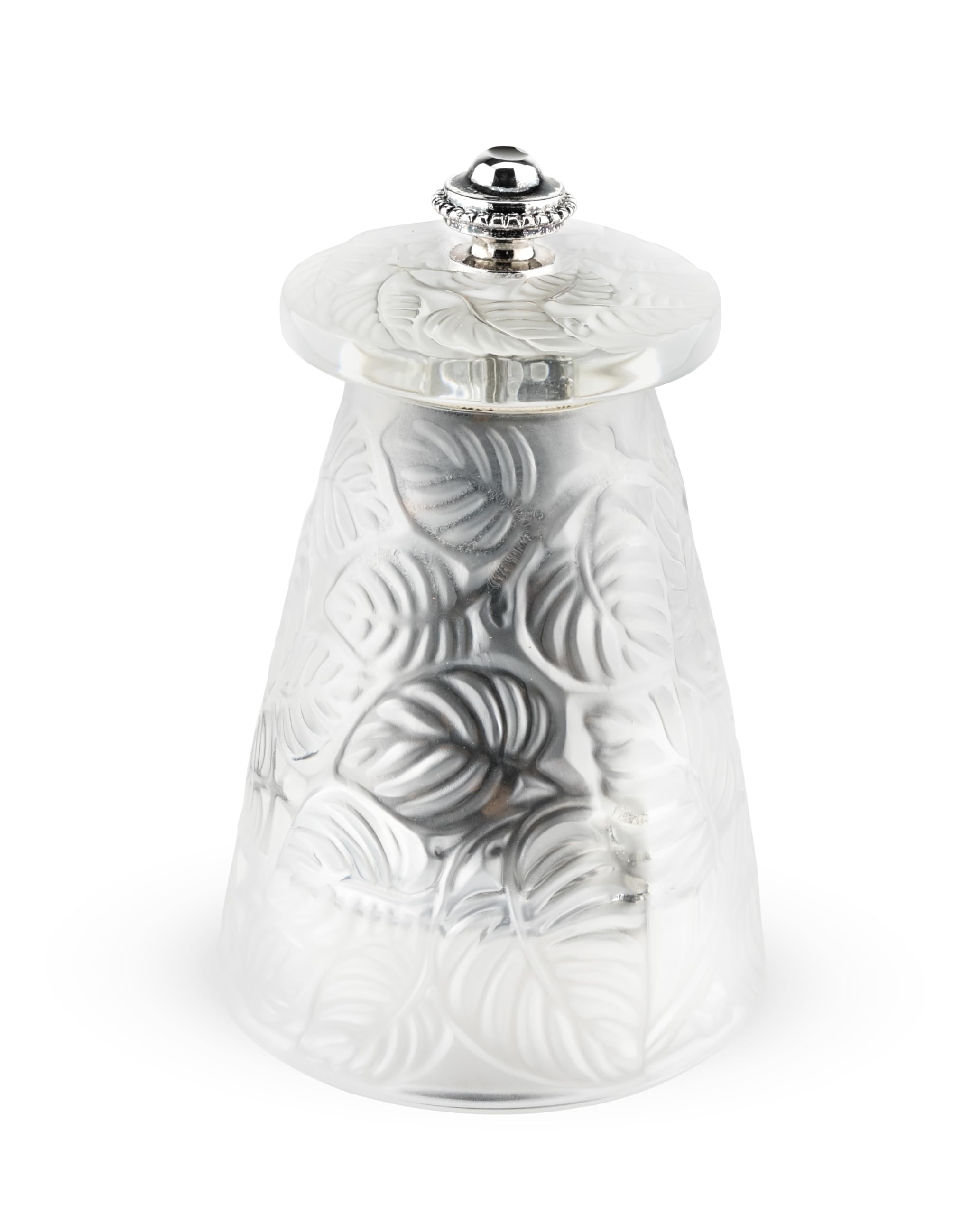 Peugeot Silver Gray - Salt Mill Lalique Feuilles - Clear Crystal - Handcrafted In France - Original René Lalique Design 1924 - Stainless Steel Grinding Mechanism,