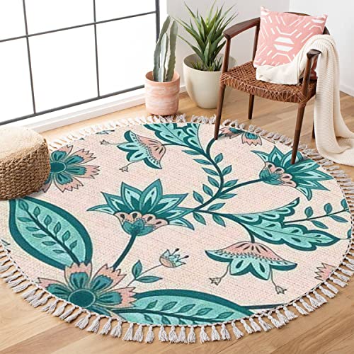 Round Rugs Flower Chintz Indian Botanical Batik Paisley Vintage Floral Boho Area Rug Linen And Cotton Carpet Meditation Rug Washable Hallway Runner Mat Accent Rug For Bedroom Bathroom 3Ft #TOP2