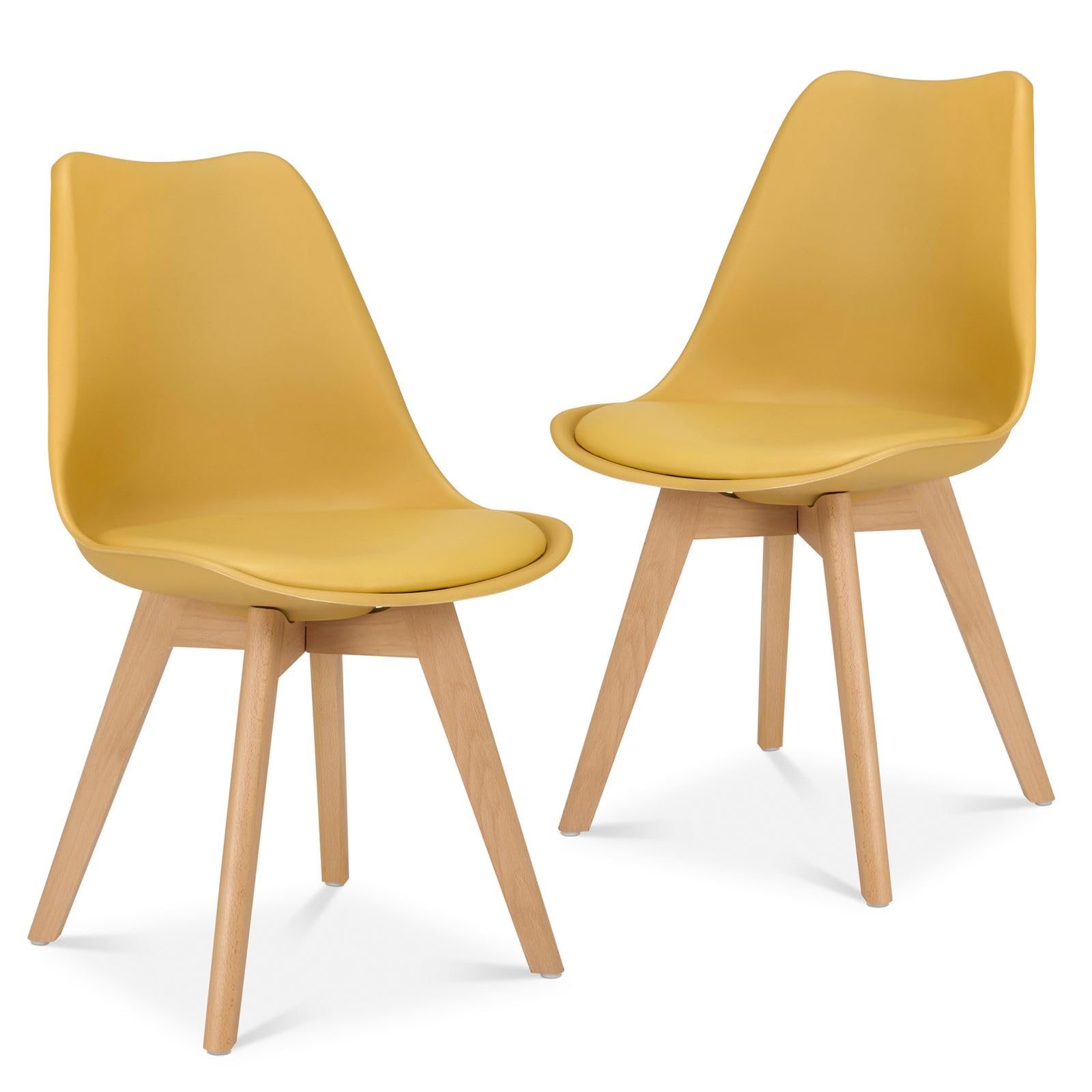 Bravich Rocco Dining Chairs Set of 2 with Cushion Pad Seat, Mustard Yellow Plastic Kitchen Chairs with Wooden Legs, Modern Accent Chairs for Dining Room, Bedroom and Dressing Table