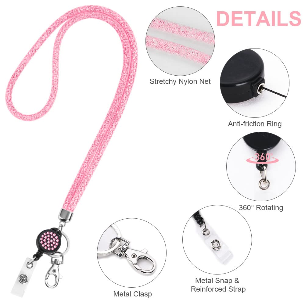 Vicloon Porta Badge Titulares con Cristal Cordon, Transparentes Portatarjetas de Identificación con Cristal Lanyard y Llavero Retráctil, Portatarjetas Colgante, para Tarjeta Tráfico Escuela-Rosa