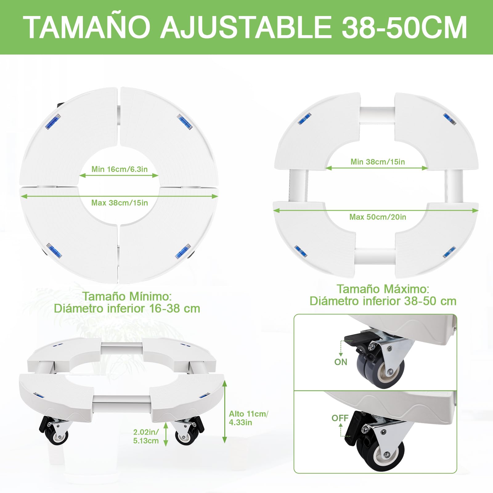 DEWEL Plataforma con Ruedas Ajustable 38.3-51.5cm Base para Planta con Ruedas Soporte para Plantas Exterior Capacidad de 200 KG Adecuado para Macetas Jardín Interior Exterior (Blanco) | Soporte para Plantas Exterior Capacidad de 200 KG Adecuado para Macet