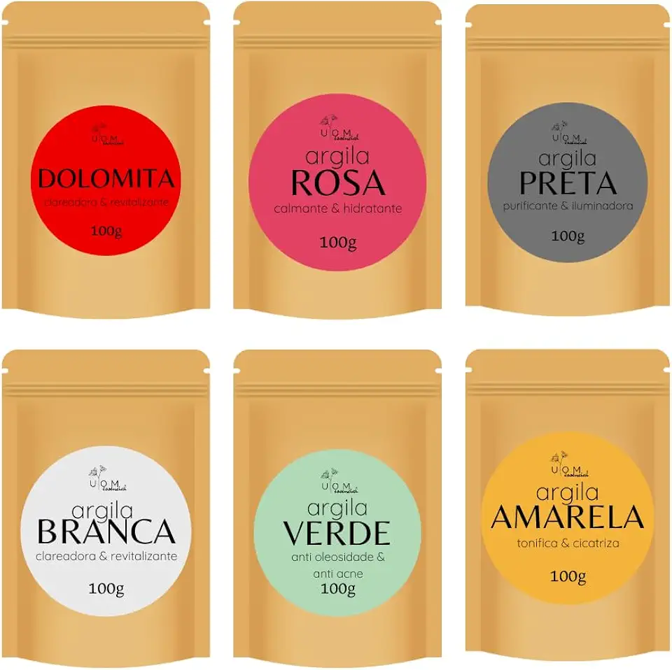 Kit 6 Argilas UOM | Dolomita, Branca, Verde, Rosa, Preta e Amarela 100g