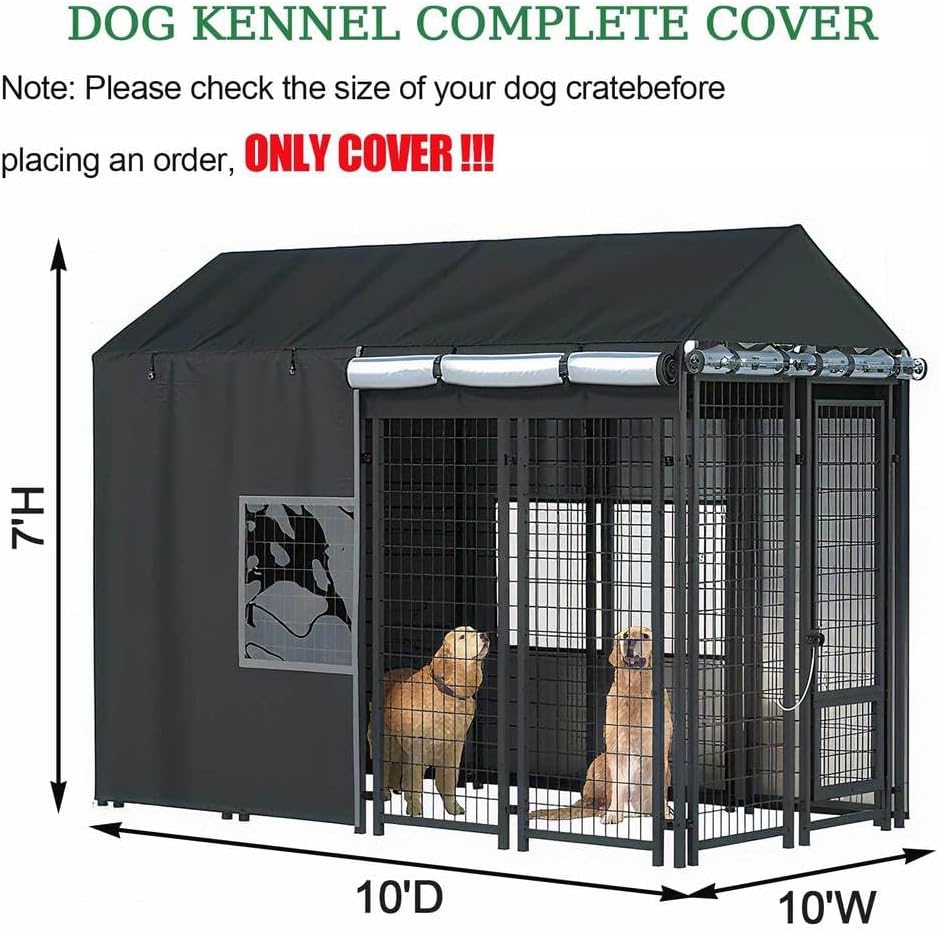 Outdoor Dog Kennel Cover, 600D Heavy Duty Waterproof Large Dog Cage Cover, Windproof UV Resistant, with Transparent PVC Window, Fits for Dog Cages, (Only Cover),10'Dx10'Wx7'H