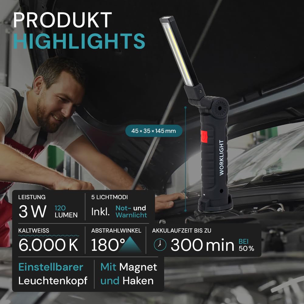 LUXULA LED-Arbeitsleuchte mit Akku 10 Stück, 5 Lichtmodi, 14 cm, USB-Aufladbar, 360° drehbare Taschenlampe mit Magnet Und Haken, Inspektionsleuchte, Werkstattlampe, Camping Zubehör, Notfall Ausrüstung