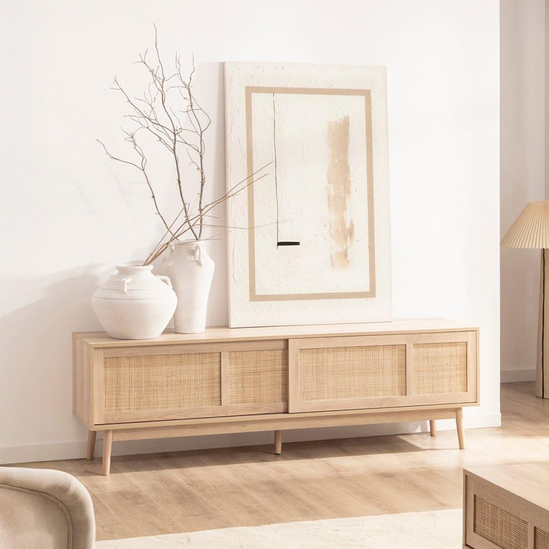 KLAST Mueble TV PB, melamina, ratán Natural Color Natural 56 cm x 180 cm