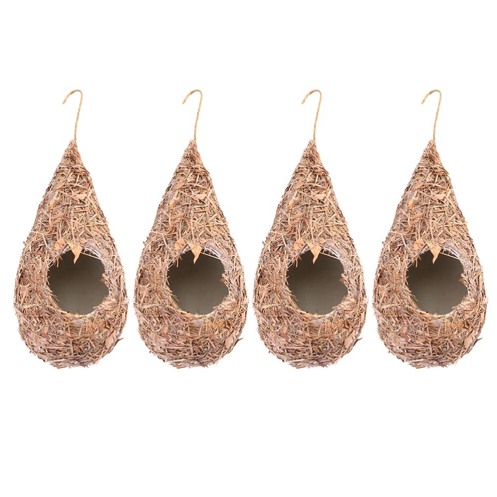 YARNOW4pcs Straw Birds Nest Hummingbird House Hand Woven Hanging Birdhouse Outside Roosting Pocket Nest for Hummingbird Wren Sparrow Wicker Finch Chickadee