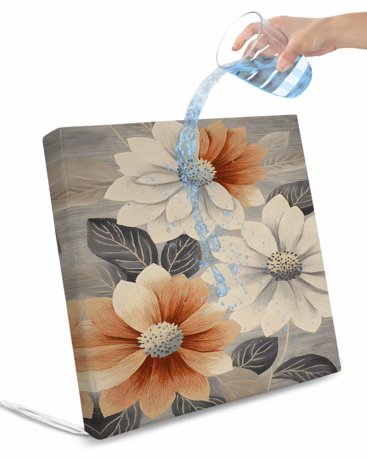 2 Pack Burnt Orange Grey Waterproof Cushion Covers with Ties, Outdoor Patio Chaise Lounge Chair Seat Cushion Slip Covers Replacement(Only Cover) Vintage Spring Floral Botanical 24