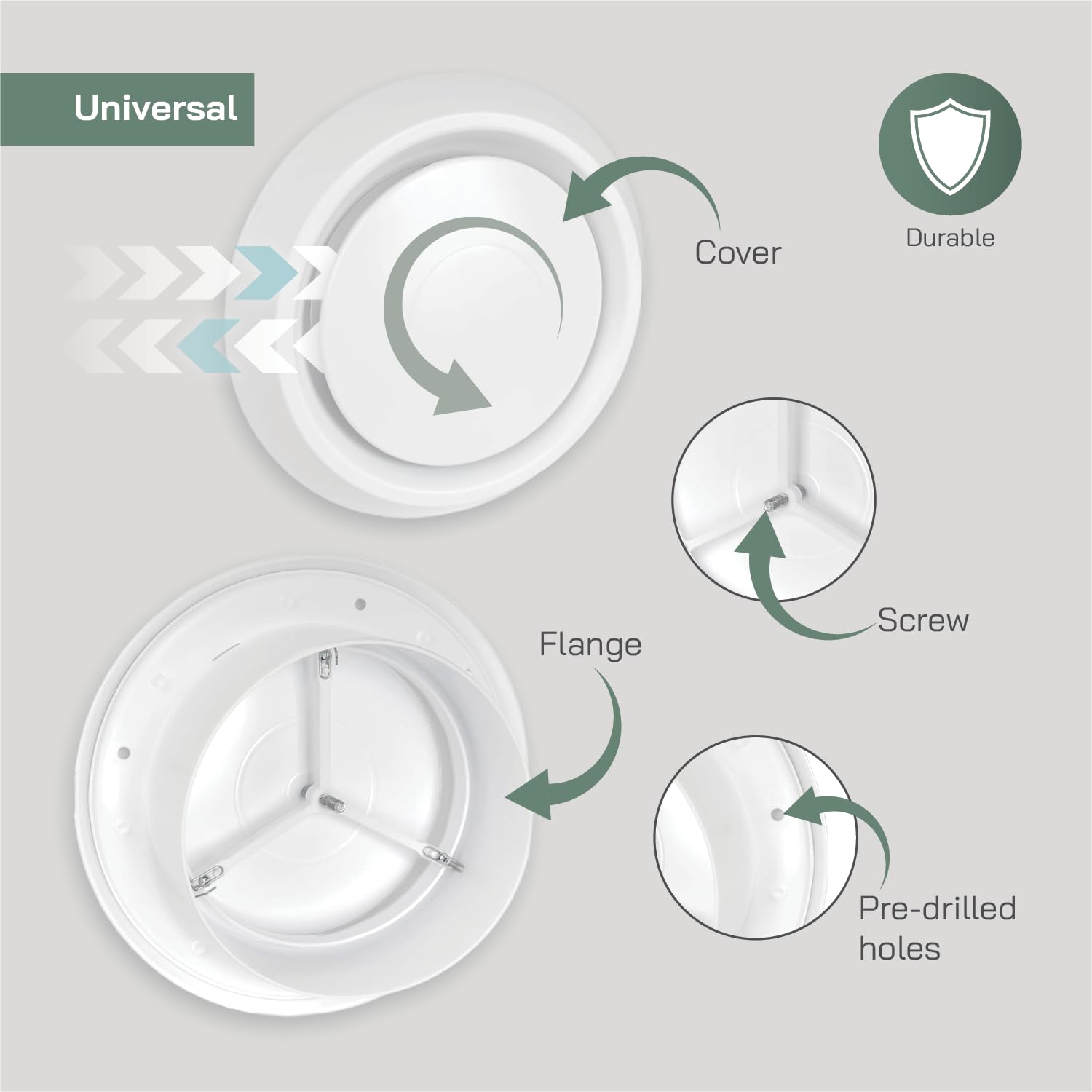 Vent Systems Difusor universal ajustable de plástico blanco de 6 pulgadas, cubierta de ventilación redonda para pared, conducto de techo, deflector de ventilación de aire de registro en línea