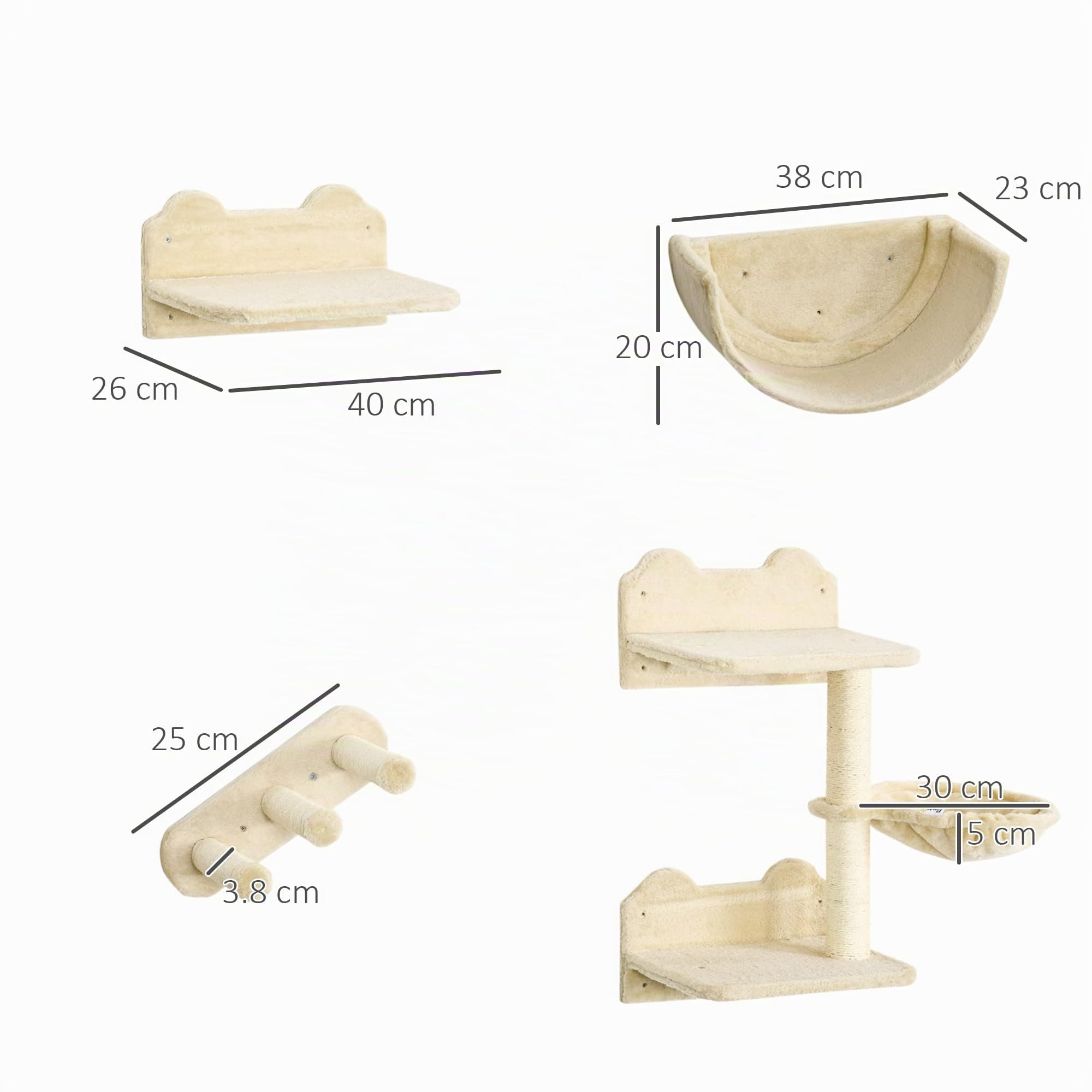 PawHut Katzen Kletterwand Set mit Kaztentreppe Kratzbaum 4-teilig Beige | Katzenbrücke, Hängematte, mit Sprungplatt, 7 in 1 Wandkratzbaum, Wand Katzenmöbel
