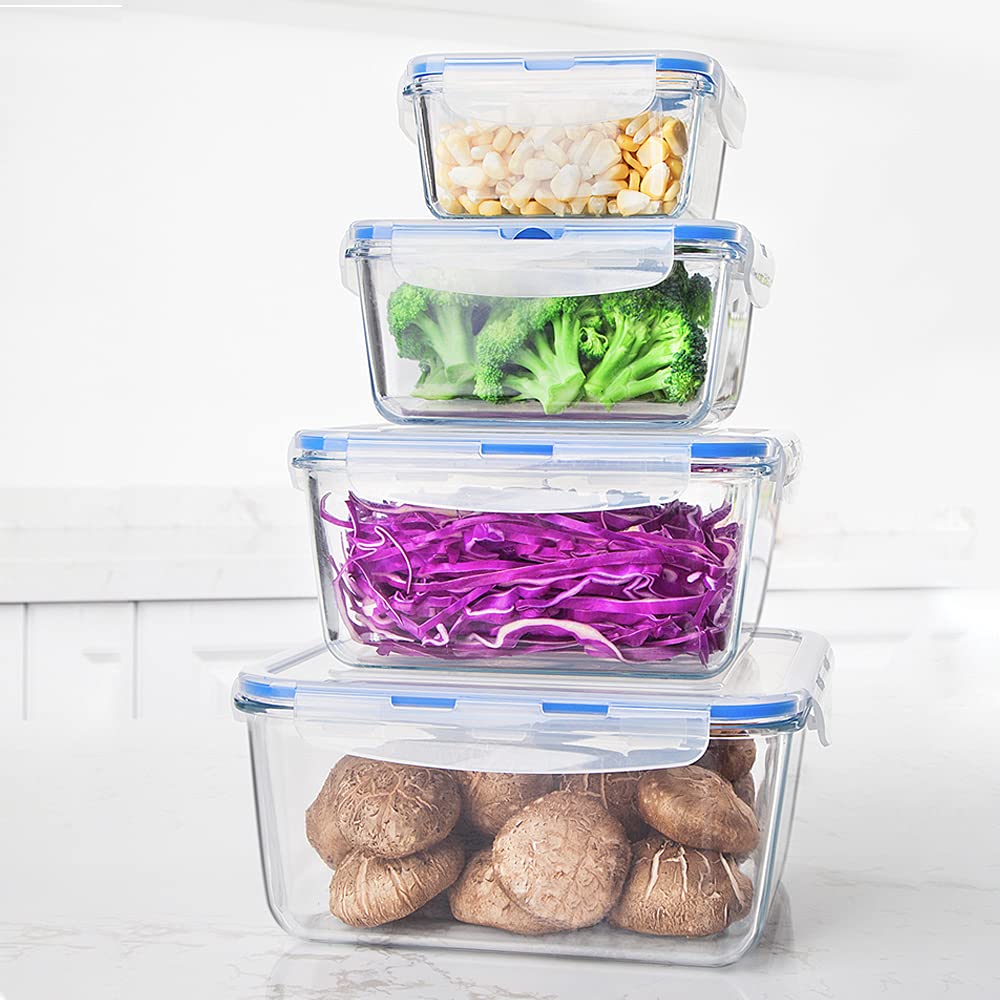 Glasbehälter-Set, quadratisch, 8-teilig, mit verschließbarem Deckel, ideal zur Aufbewahrung von Lebensmitteln, Gemüse oder Obst, zum Backen von Kuchen und anderen leckeren Lebensmitteln (quadratisch)