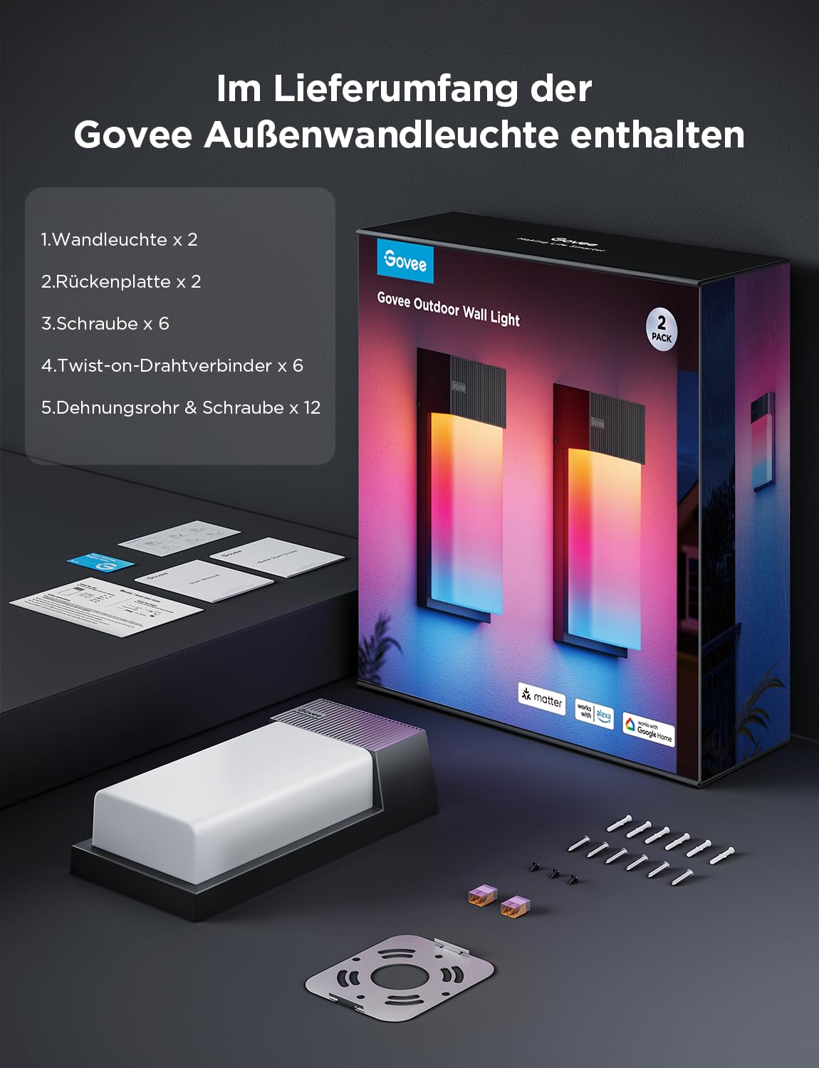Govee Outdoor Wandleuchte, 1500lm Smart Außenwandleuchte, IP65, 2 Stück | 2700K–6500K RGBIC Wandlampe mit 45 Szenen, DIY-Farben, Funktioniert Matter/Alexa/Google/HomeKit, Veranda, Balkon, Terrasse