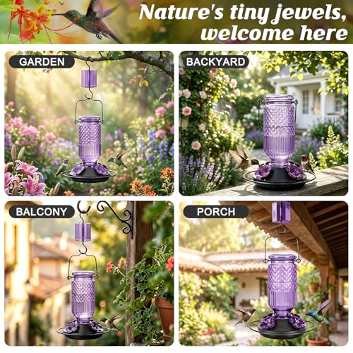 Image of FEED GARDEN Glass Hummingbird Feeder for Outdoors Hanging, 16 oz Leak-Proof Nectar Feeder with Bee Guards & Ant Moat, 4 Metal Flower Feeding Ports, 360 Perch Ring, Easy Refill & Clean, Purple 2 Pack