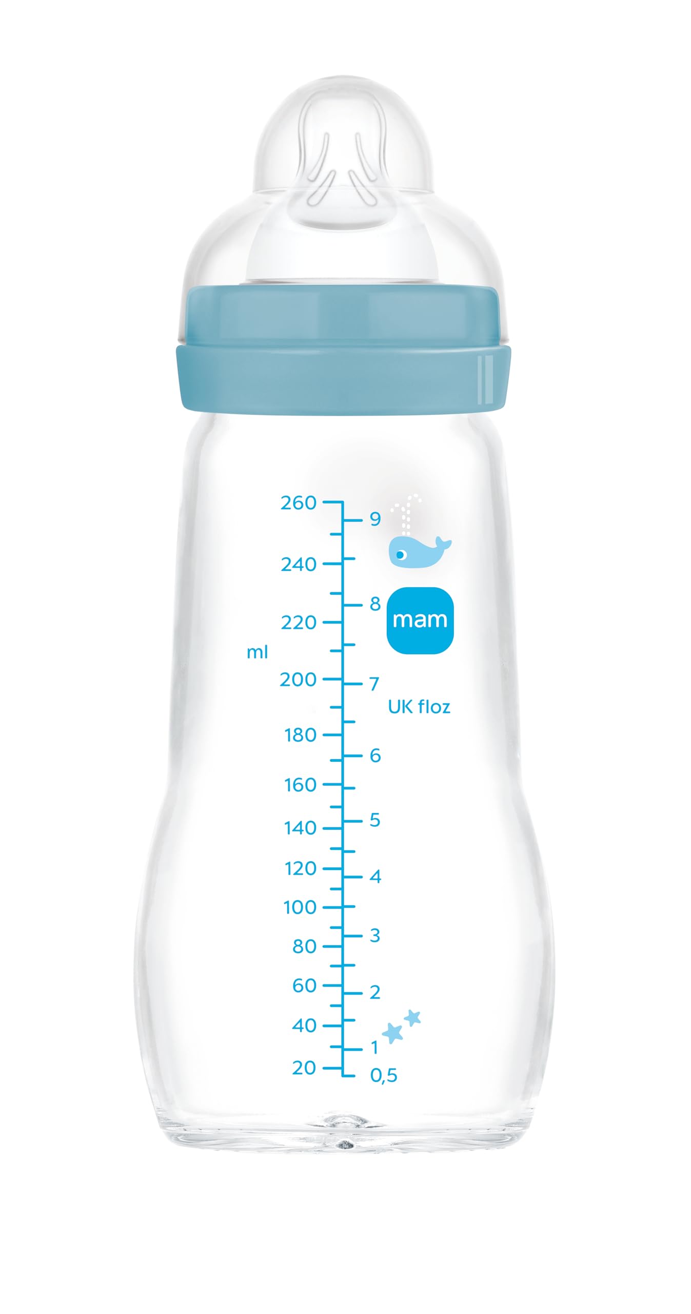 MAM Feel Good A162 Ultra Soft Glass Water Bottle with Patented SkinSoftTM Silicone Teat 2, for Babies 0 Months and Above, 260 ml, Blue