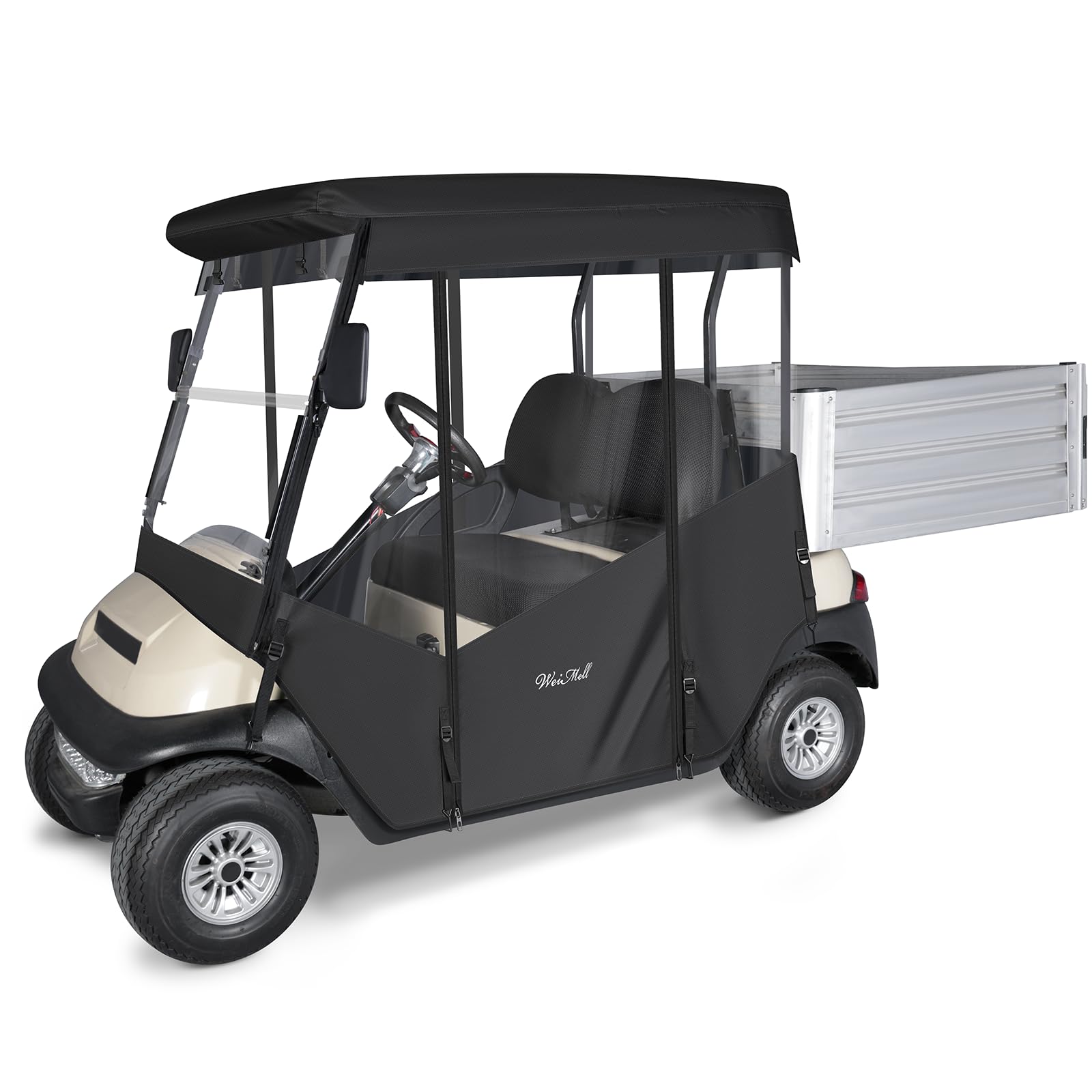 WEIMELL Golf Cart Enclosure 2 Passenger for Club Car Precedent with Utility Cargo Box 57.5" Roof Waterproof Transparent Driving Rain Cover with 4-Sided Clear Windows Roll-up Door Black