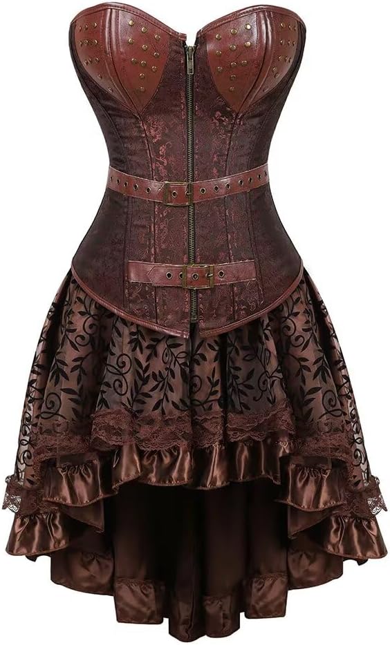 Corset Dress Skirt Tutu Set Women Steampunk Gothic Punk Bustier Pirate Costume Halloween Brown