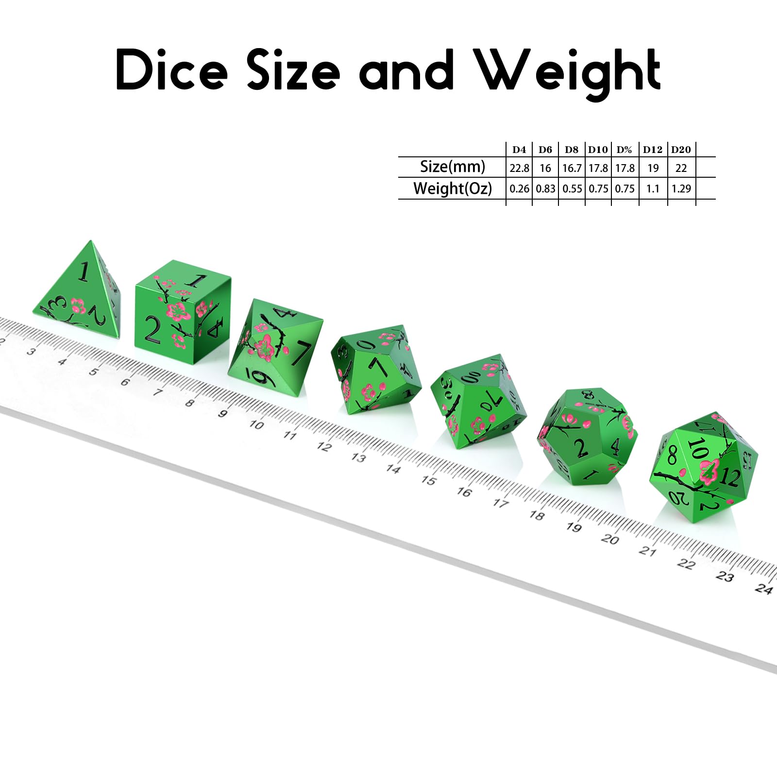 Kit 7 Dados RPG Verde e Preto Perolizado Metalizado Mesclado D4 D6 D8