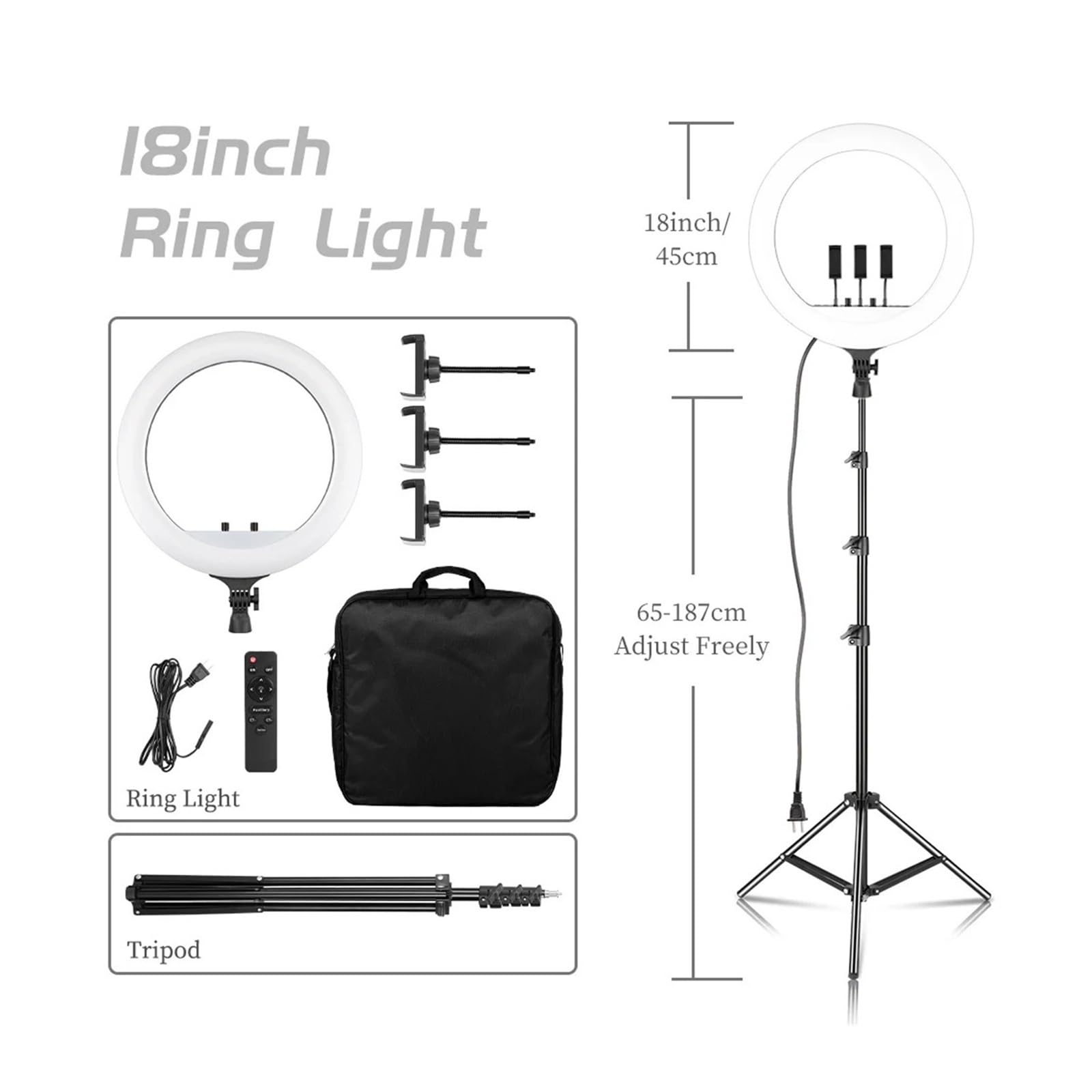 18-calowa lampa wideo LED do selfie z klipsem na statyw (200 cm tripod 18E)