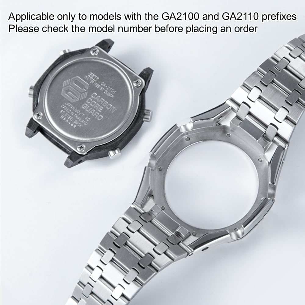 GA2100 Stainless Steel Watch Band Case Mod Kit, Smooth Bezel without Nails Metal Strap Accessories Compatible with Casio Mens G-Shock GA2100/GA-2110 Watches