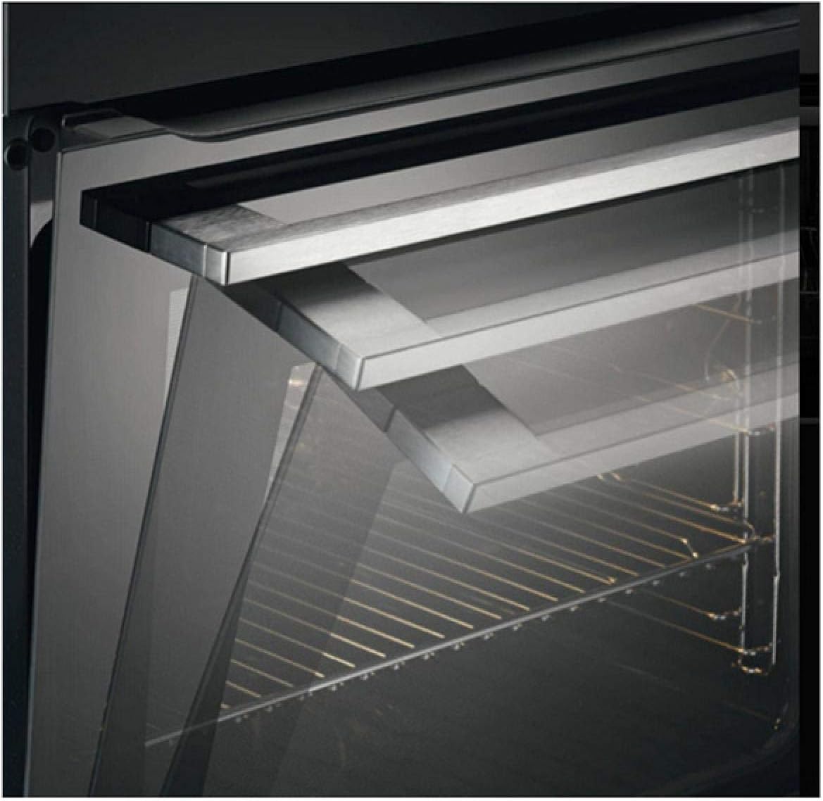 Close-up of the AEG BPS331120M oven door showing the removable glass panels for cleaning.