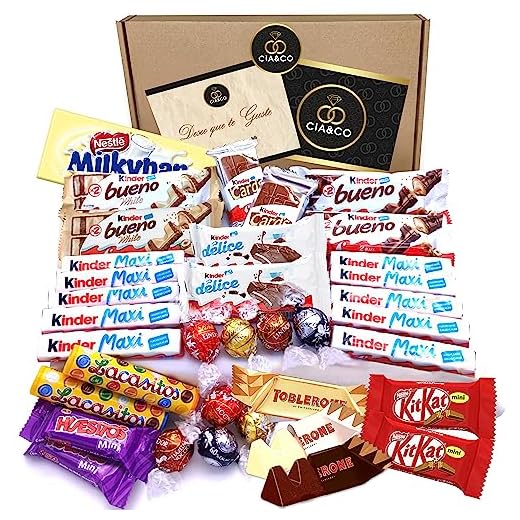 Lote envuelto para Regalo con +35 Bombones y Chocolates Kinder, Lindt, Milkibar. Con Tarjeta Dedicada Personalizada y Kinder Chocolate, Kinder Bueno, Happy Hippos y Ricos Bombones Lindt Lindor