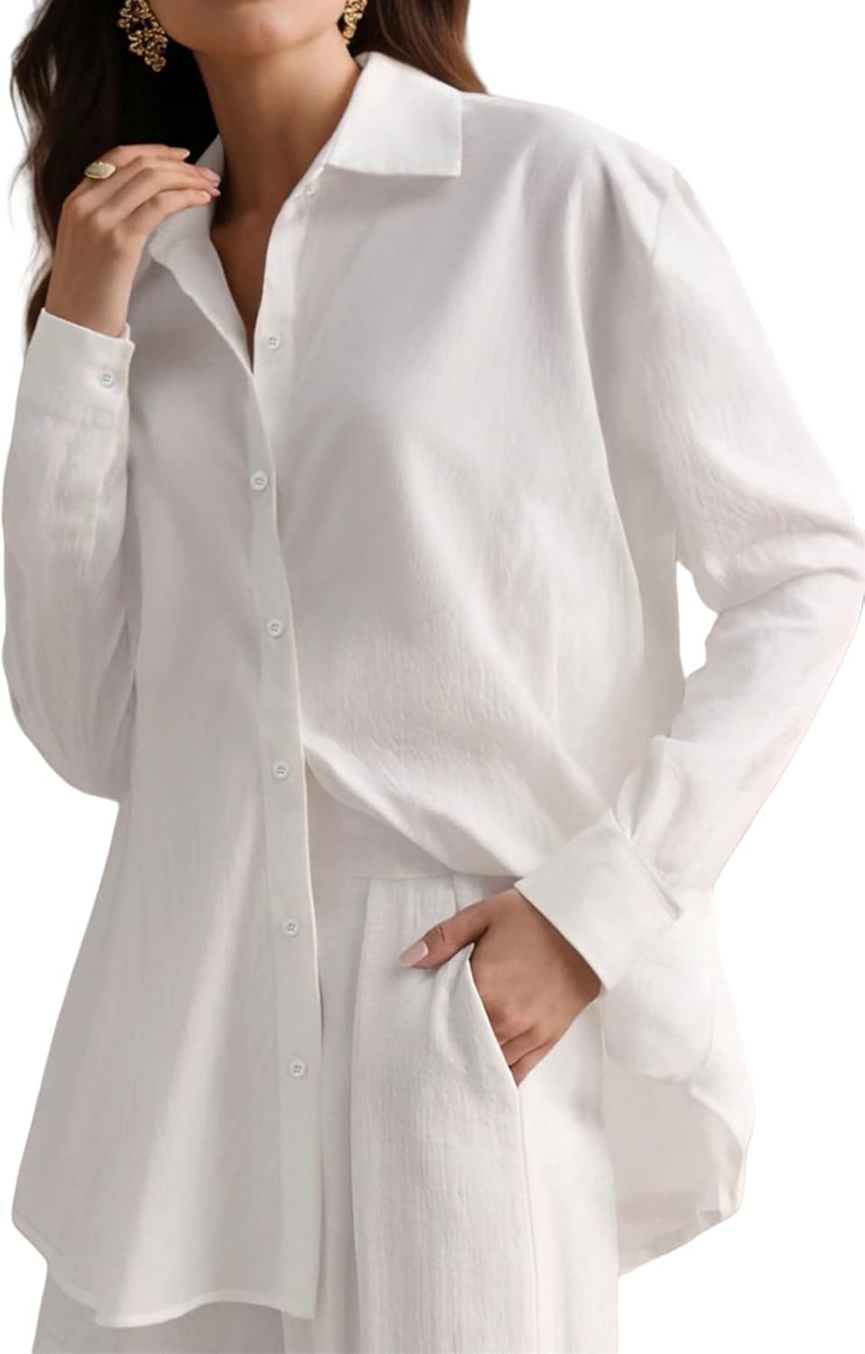 Women Medium Button Down Shirt Long Sleeve Solid Blouse Stretch Work Blouse Collared Casual Shirts for Business Office